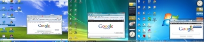 Bureaux Windows : à gauche XP (2001), au milieu Vista (2007) et à droite 7 (2019)
