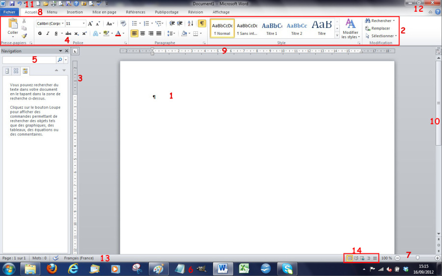 Fenêtre Word 2010 : éléments