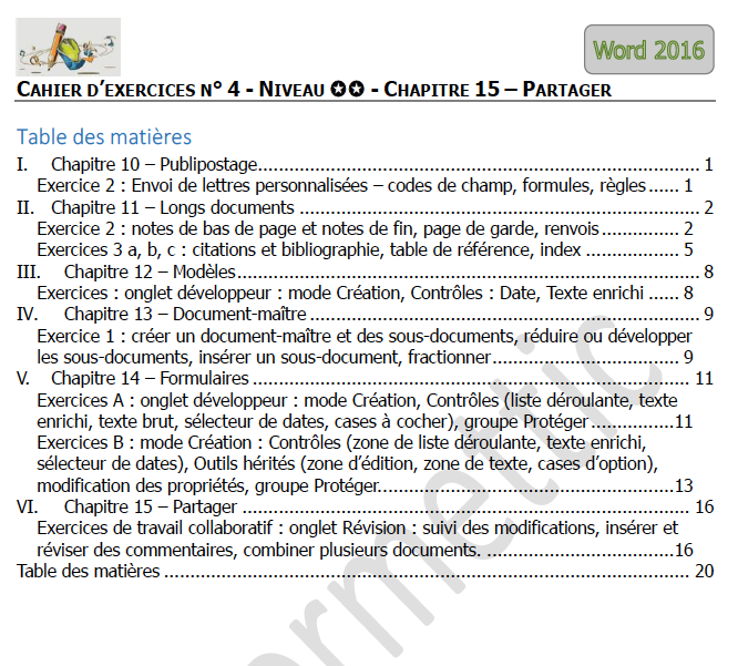 Sommaire du cahier d'exercices Word n°4