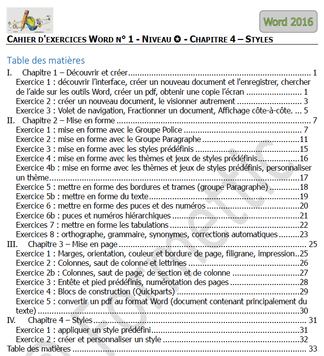 Sommaire du cahier d'exercice n°1