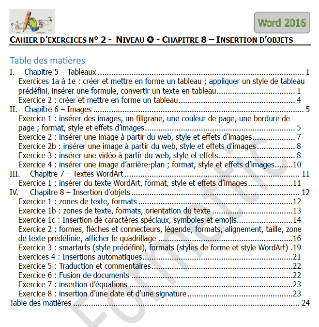 Sommaire du cahier d'exercices Word n°2